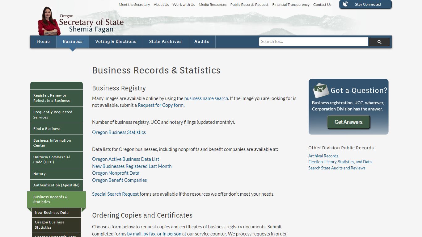 State of Oregon: Business - Business Records & Statistics